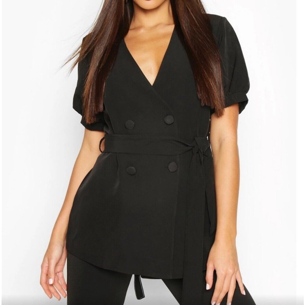 Boohoo Belted Volume Sleeved Black Blazer Womens Size 12 NWT